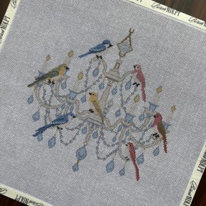 Birds on a Chandelier Needlepoint Canvas | 18 Mesh Needlepoint | Modern Needlepoint Canvas | Needlepoint Project