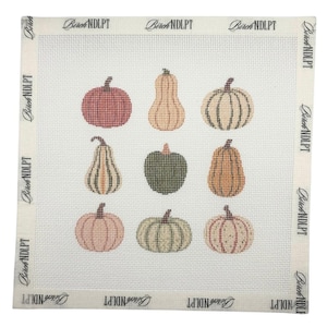 Könnte beinhalten: Ein quadratisches Stickleinen mit einem Raster aus neun Kürbissen in verschiedenen Formen und Farben, darunter Rot, Orange, Grün und Creme. Der Rand ist mit dem sich wiederholenden Text BirchNDLPT bedruckt. Das Design besteht aus einem sichtbaren Netz.