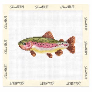 May include: A needlepoint canvas featuring a cross-stitched rainbow trout with a green back, pink lateral stripe, and yellow belly. The fish has brown speckled fins and tail. The white canvas border is printed with the text BirchNDLPT repeatedly.
