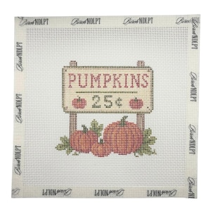 May include: A square needlepoint canvas featuring a sign that reads PUMPKINS 25 cents with two small pumpkin icons. Below the sign are three orange pumpkins with green leaves. The border of the canvas is printed with the text Birch NDLPT.