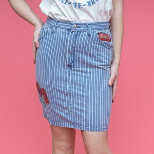 Vintage 80s Blue Stripped Denim Riffle Jeans Midi Pencil Skirt image 1