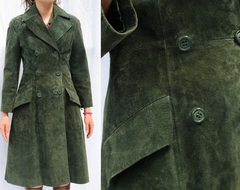 Vintage 70s Suede Emerald Coat Green Leather Pockets A-line