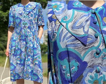Vintage 80s Blue Viscose Dress With A Large Puritan Collar