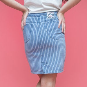 Vintage 80s Blue Stripped Denim Riffle Jeans Midi Pencil Skirt image 3