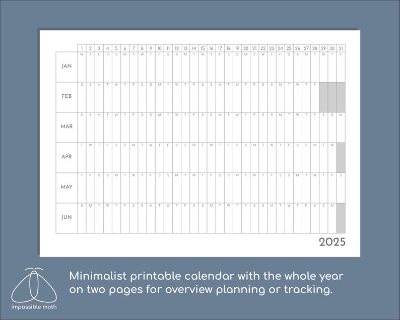 2025 Yearly Overview on 2 Page Printable Calendar, 6 Months per Page Yearly Tracker Etsy