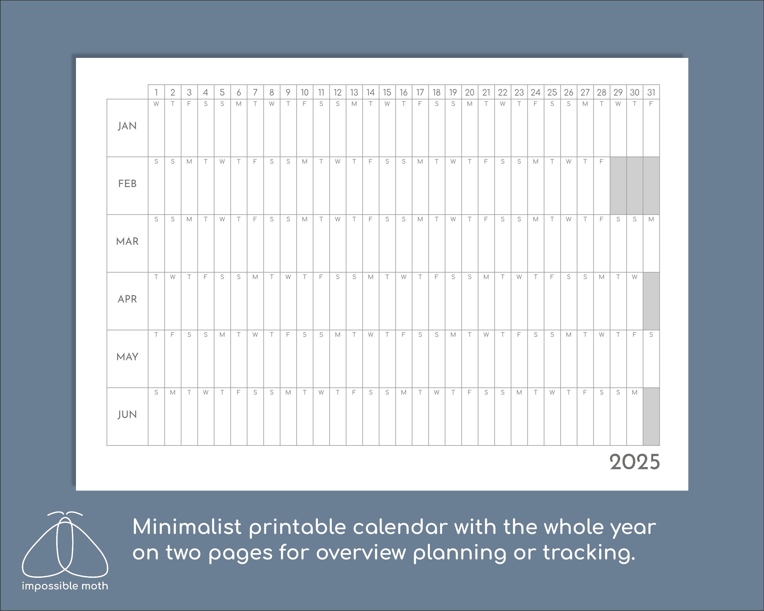 2025 Yearly Overview on 2 Page Printable Calendar, 6 Months per Page