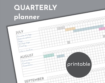 May include: A printable quarterly planner with a grid layout for scheduling tasks and projects. The planner includes the months of July, August, and September. The months are labeled in black text and the days of the month are numbered in black text. The grid is divided into squares with a light gray border. The planner is designed to be printed and used for personal or professional planning.
