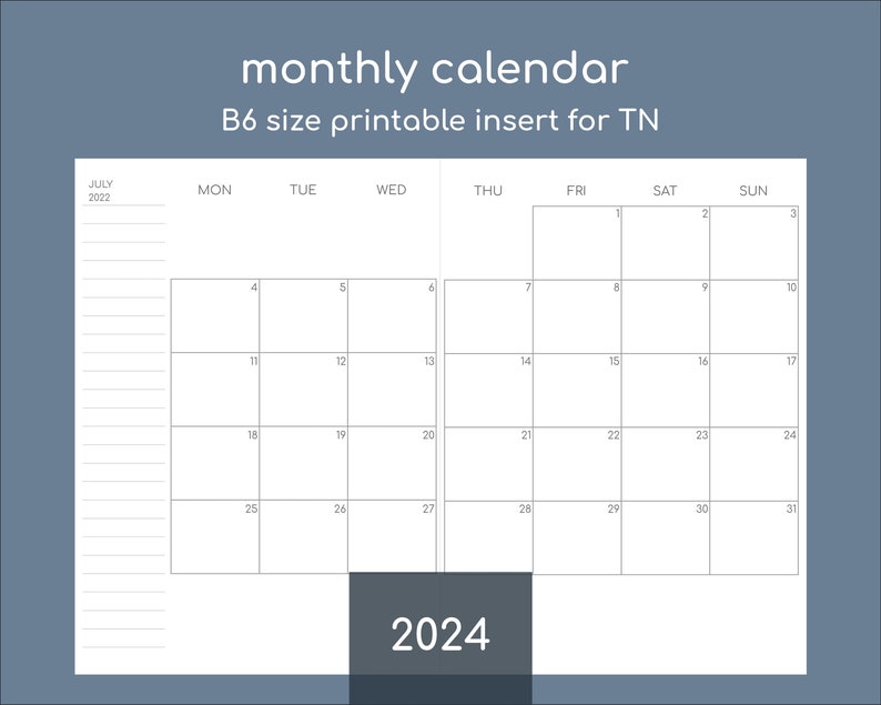B6 Monthly Planner 2024, Printable Travelers Insert Etsy