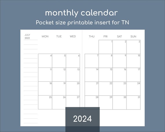 Monthly Pocket Calendar 2024 Printable Travelers Insert, 3.5x5.5in / 90x140mm - Etsy