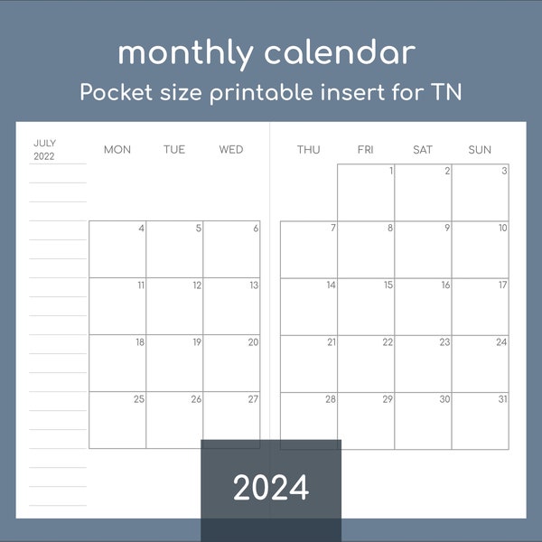 Monthly pocket calendar 2024 printable travelers insert, 3.5x5.5in / 90x140mm