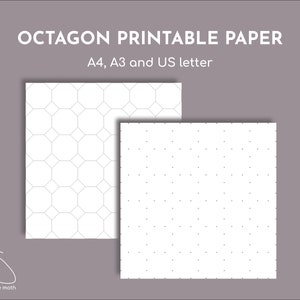 May include: Two printable paper sheets with different patterns. The sheet on the left has a pattern of octagons. The sheet on the right has a pattern of small dots. The text "OCTAGON PRINTABLE PAPER" and "A4, A3 and US letter" is at the top of the image.