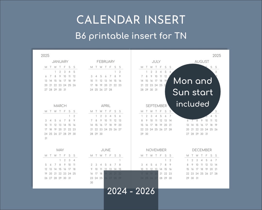 B6 Yearly Calendar 20242026 Printable Planner Inserts for TN, Monday