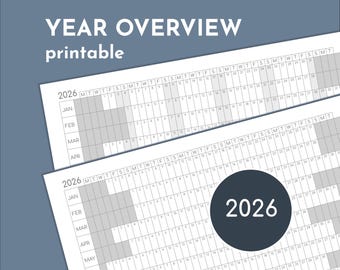 Planejador anual para impressão 2026, rastreador de visão geral do ano em uma página, impressão em A4 até A0 ou Carta