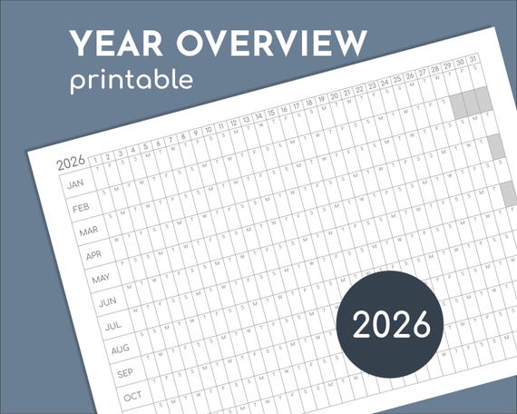 2026 yearly calendar printable, overview planner, print at A4 up to A0/Letter