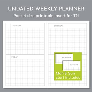 Undated small weekly planner, printable Pocket size inserts for TN, Sunday and Monday start
