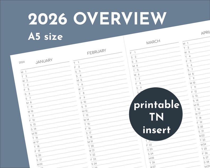 2026 Vertical Calendar, A5 Printable Travelers Insert, 2 Months to a
