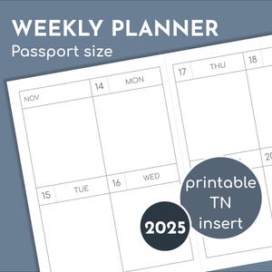 2025 small week on 2 pages planner, Passport size printable inserts for TN