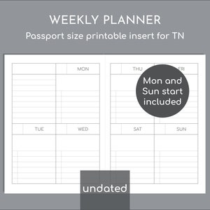 Undated small weekly planner with to-do list, Passport size printable inserts for TN