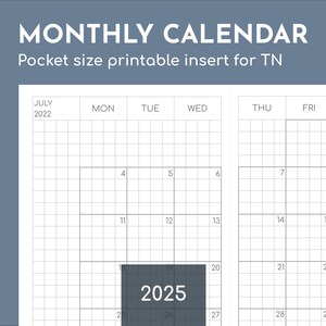 Pocket monthly 2025 printable planner insert for TN, 3.5x5.5in / 90x140mm