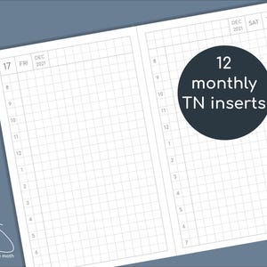 May include: Open notebook pages with a grid pattern. The left page shows the date "17 FRI DEC 2021" and the right page shows "SAT 18 DEC 2021". A dark circle with the text "12 monthly TN inserts" is on the right page. The logo "impossible moth" is in the bottom left corner.