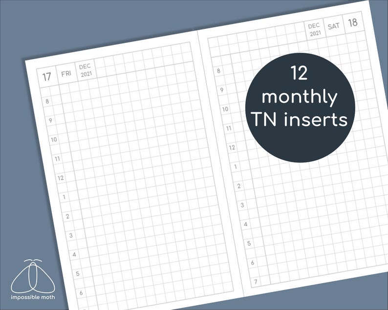 May include: Open notebook pages with a grid pattern. The left page shows the date "17 FRI DEC 2021" and the right page shows "SAT 18 DEC 2021". A dark circle with the text "12 monthly TN inserts" is on the right page. The logo "impossible moth" is in the bottom left corner.