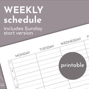 May include: A printable weekly schedule planner with a gray circle that says "printable" in white text. The planner includes a column for each day of the week, starting with Monday and ending with Thursday. The planner is designed to be used for scheduling appointments, tasks, and other activities.