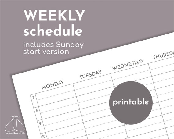 Weekly Half Hour schedule planner printable pdf, Monday / Sunday start versions