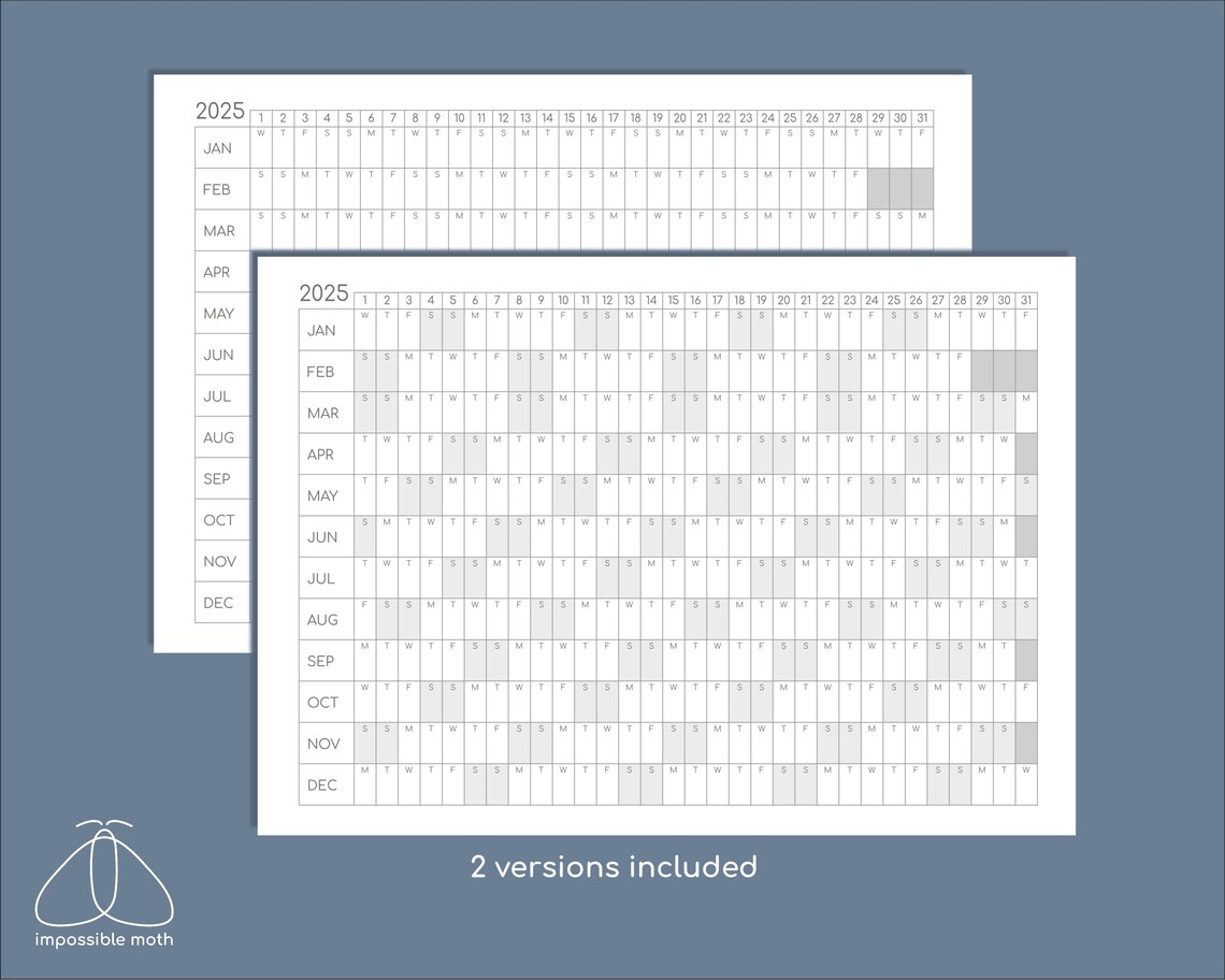  2025 Jahresübersicht Druckbarer Kalender: Minimalistisches Design (PDF 