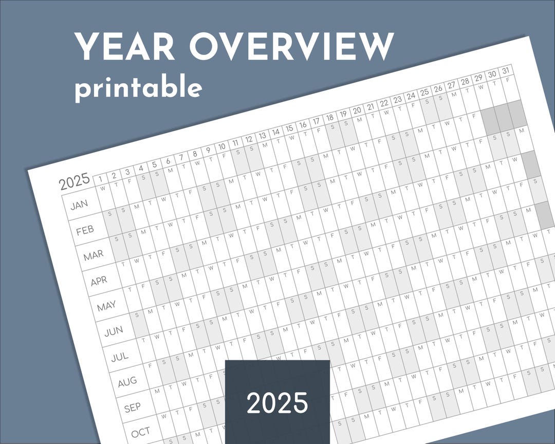 2025 Yearly Overview Printable Calendar, Year on One Page, Print at A4 ...