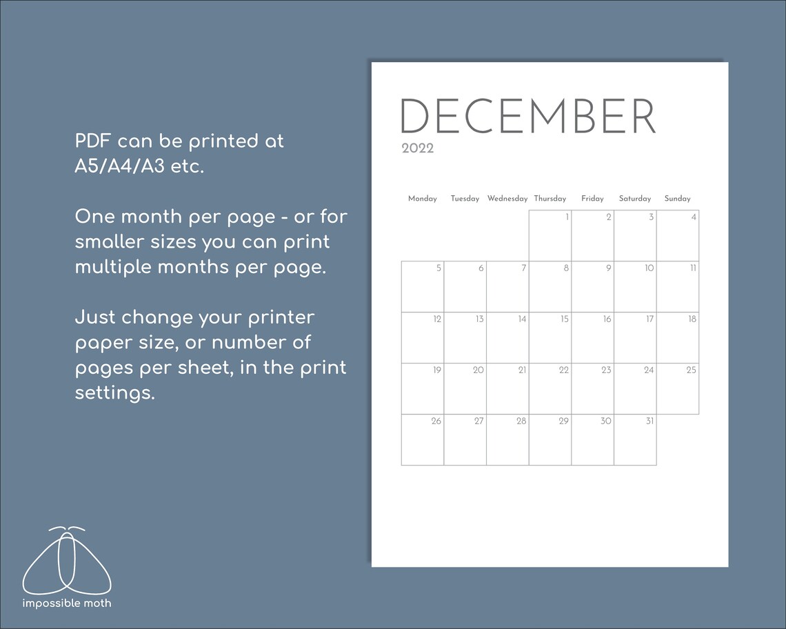 monthly calendar 2022 a4a5a3letter printable minimalist etsy