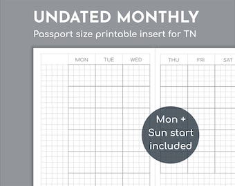 Planificador mensual sin fecha, imprimible, tamaño pasaporte TN