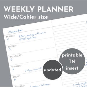 May include: A weekly planner in wide/cahier size with a November calendar and a grocery list. The planner is undated and printable. The grocery list includes bread, milk, carrots, celery, crackers, pasta, and chocolate.