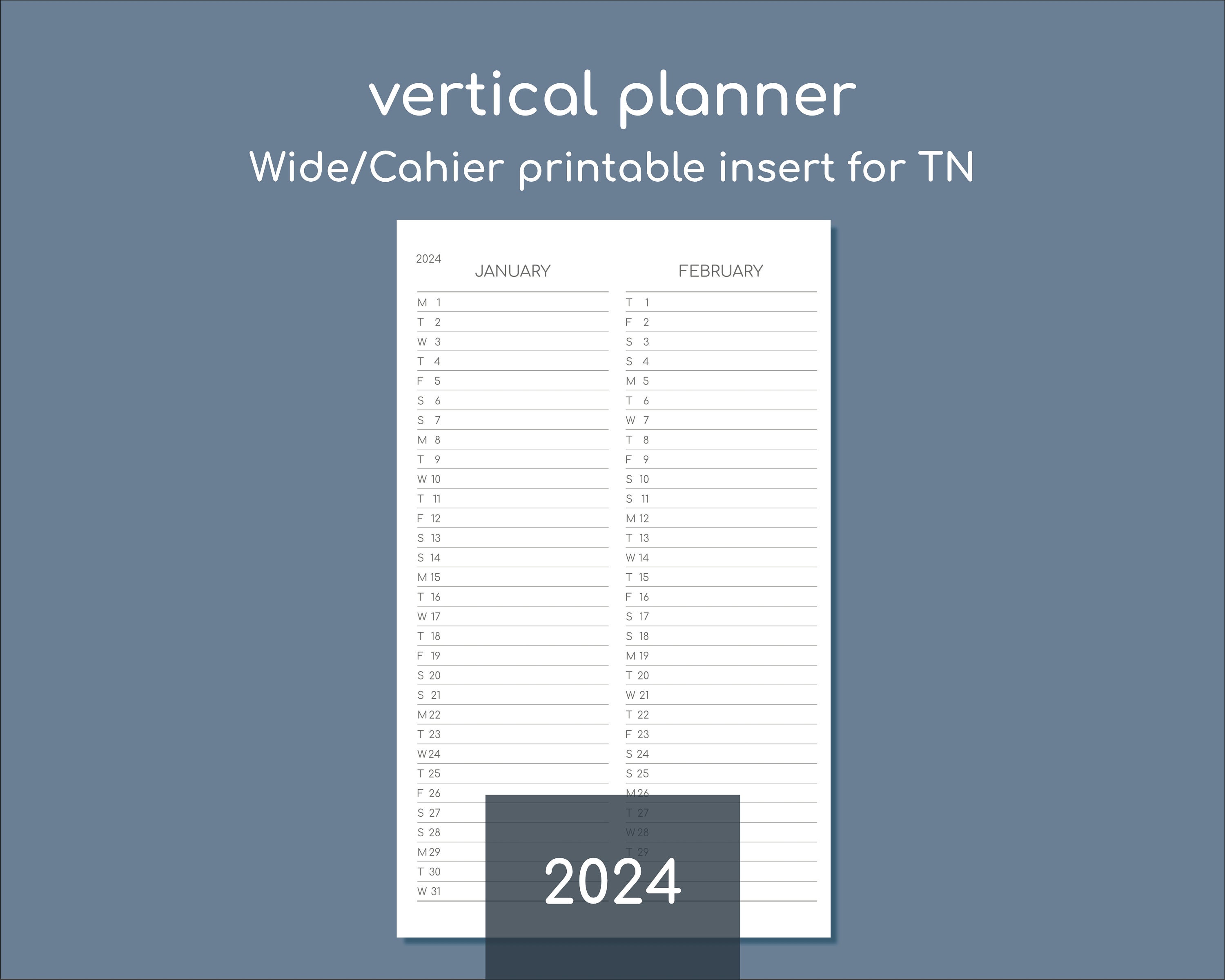 Vertical 2024 Weekly Planner, Printable Wide / Cahier Travelers Inserts,  5mm Dot Grid 