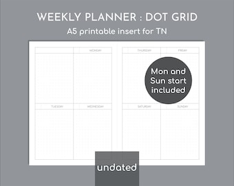 Undated weekly planner on two pages, printable A5 travelers inserts, 5mm dot grid