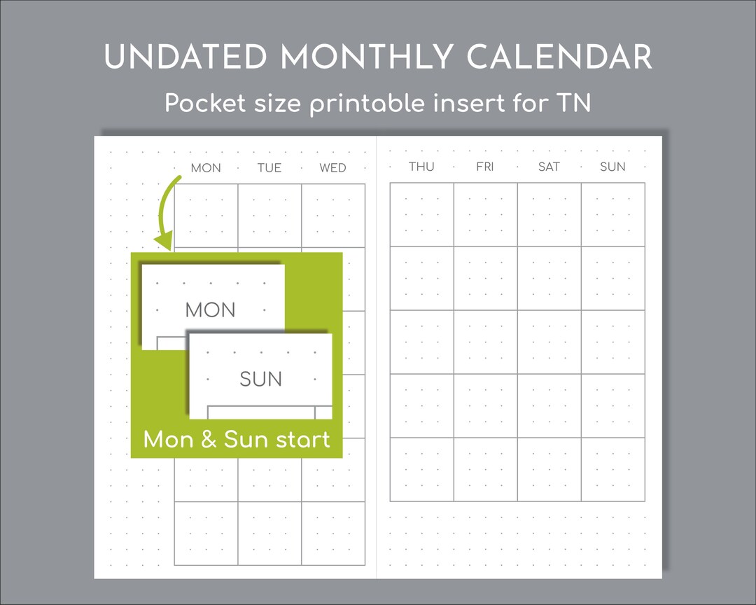 Pocket Planner Undated Monthly Printable Insert for TN, 3.5x5.5in ...