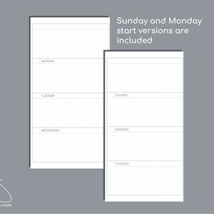 May include: Two white rectangular planner inserts with a dot grid pattern. One insert shows Monday, Tuesday, and Wednesday headers. The other shows Sunday, Monday, and Tuesday headers. Text reads: Sunday and Monday start versions are included. Logo: impossible moth.