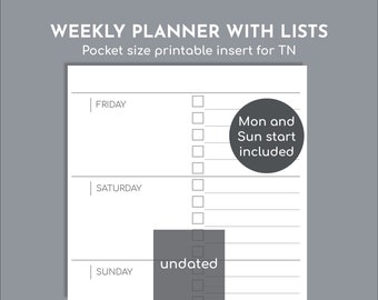 Small weekly planner with task list, printable Pocket size inserts for TN
