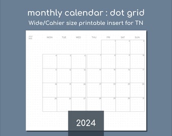 2024 month on two pages calendar with dot grid, Wide size printable insert for TN