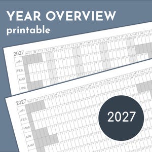 May include: A printable year overview calendar for 2027. The calendar features a grid layout with months and dates, with the text "YEAR OVERVIEW printable" at the top. The calendar is in shades of gray and white.