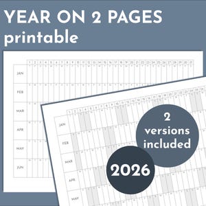 Panoramica dell'anno 2026 Calendario stampabile di 2 pagine, tracker annuale di 6 mesi per pagina