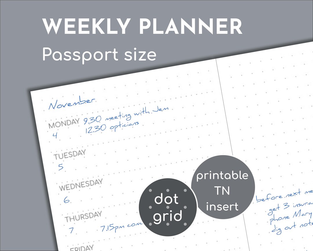 Undated Weekly Planner With Notes, Passport Size Printable Insert for ...