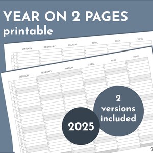 Calendario de pared 2025 en 2 páginas, planificador anual horizontal imprimible con versiones A4 y Carta