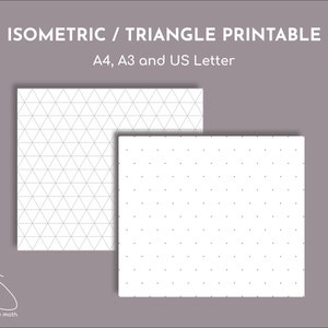 May include: Two printable sheets of paper with different isometric grid patterns. The left sheet has a triangular grid pattern. The right sheet has a dotted grid pattern. The text "ISOMETRIC / TRIANGLE PRINTABLE" is at the top of the image. The text "A4, A3 and US Letter" is below the title.
