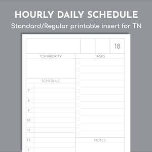 Op de afbeelding: Een witte, afdrukbare uurlijkse dagplanning-invoeging voor een TN-planner. De invoeging bevat secties voor topprioriteit, taken, schema en notities. Het schema is verdeeld in uurlijkse stappen van 7.00 tot 1.00 uur. Het nummer 18 staat in de rechterbovenhoek.
