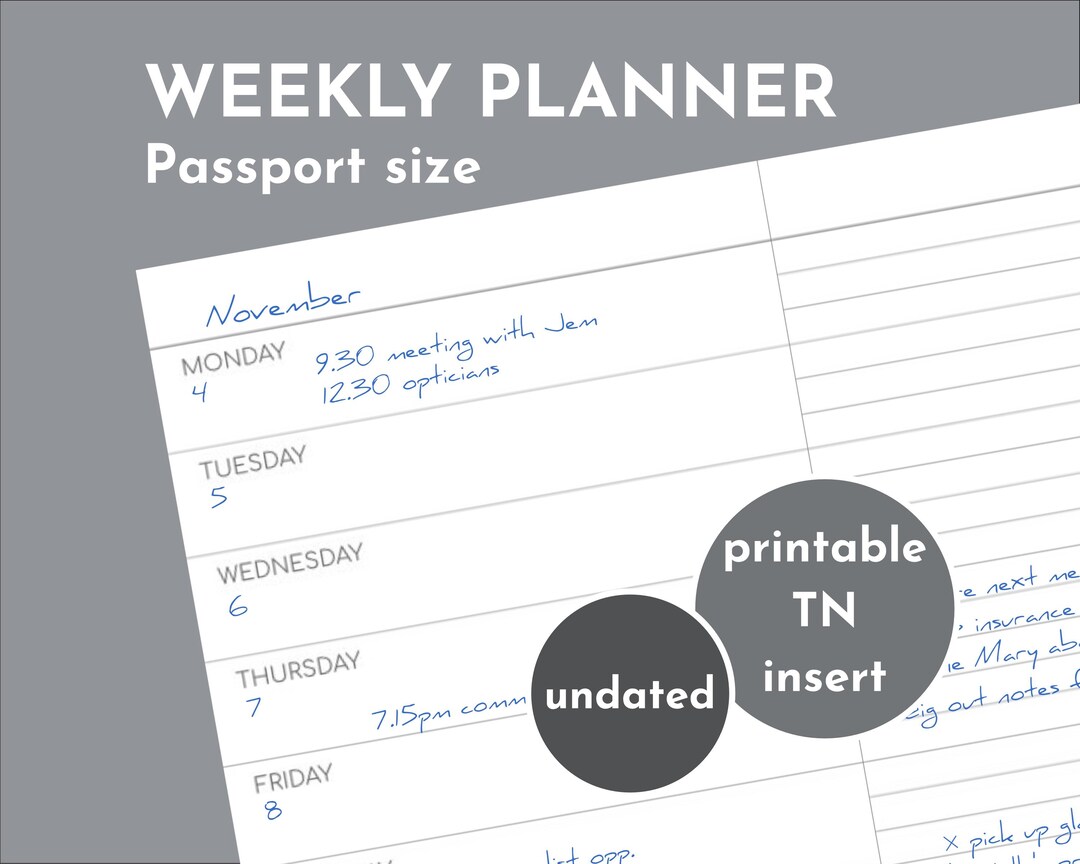Undated Small Weekly Planner With Notes, Passport Size Printable Refill ...