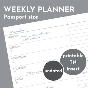 Undated small weekly planner with notes, Passport size printable refill for TN