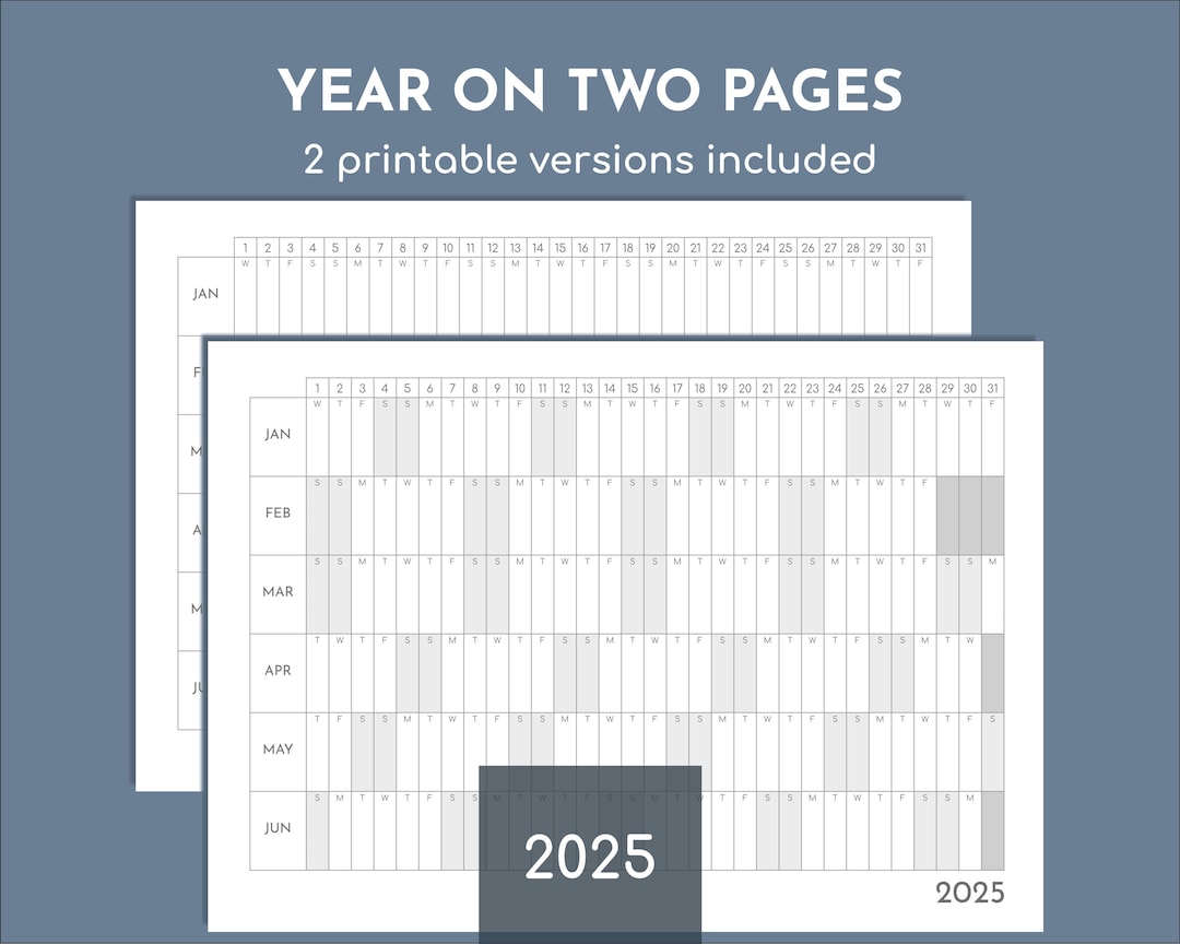 2025 Yearly Overview on 2 Page Printable Calendar, 6 Months per Page