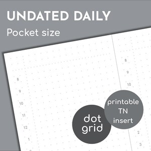May include: An undated daily pocket size printable TN insert featuring a white page with a light gray dot grid pattern. The layout includes a vertical hourly schedule from 8 to 12 and 1 to 3. Two dark gray circular overlays display the text dot grid and printable TN insert.