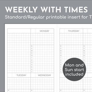 Op de afbeelding: Een afdrukbare wekelijkse planner-invoeging voor TN, met een rasterindeling en tijdvakken van 8.00 tot 19.00 uur. Het ontwerp bevat secties voor elke dag van de week, met de tekst "WEEKLY WITH TIMES" bovenaan. De planner bevat zowel maandag- als zondag-startopties.