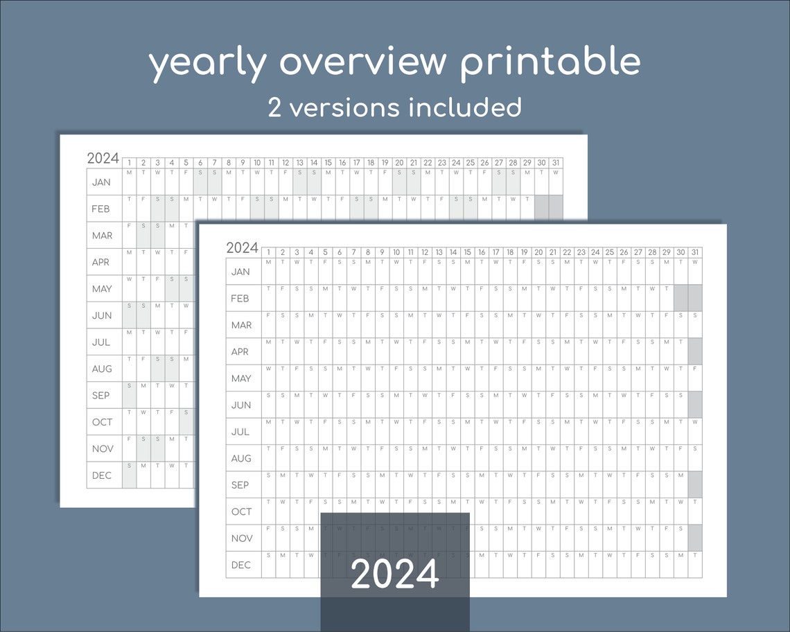 2024 Yearly Calendar Printable, Overview Planner, Print at A4 up to A0